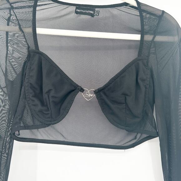 PrettyLittleThing Whimsigoth Sweetheart Neck‎ Slinky Mesh Sheer Bra Crop Top 8 - Picture 2 of 6
